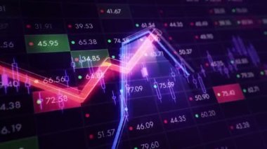 Büyüyen grafiklerin canlandırılmasıyla soyut bir arkaplan ve yüzde sembolleri olan sayılar akışı. Finansal rakamlar ve grafikler artan kâr gösteriyor. Kusursuz döngünün animasyonu.