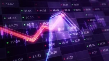 Büyüyen grafiklerin canlandırılmasıyla soyut bir arkaplan ve yüzde sembolleri olan sayılar akışı. Finansal rakamlar ve grafikler artan kâr gösteriyor. Kusursuz döngünün animasyonu.