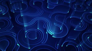 Devre elektrik sinyal parçacıkları ve mavi ışık çizgilerinin animasyonuyla soyut teknoloji arka planı. Kusursuz döngünün animasyonu.  