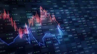 Büyüyen grafiklerin canlandırılmasıyla soyut bir arkaplan ve yüzde sembolleri olan sayılar akışı. Finansal rakamlar ve grafikler artan kâr gösteriyor. Kusursuz döngünün animasyonu.