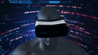 Vr Kulaklıklı, parçacıklar ve verilerle soyut uzayda insan animasyonu. Sanal gerçeklik ve teknoloji endüstrisi. Kusursuz döngünün animasyonu.