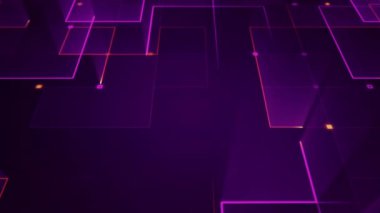 Çizgili ve parçalı geometrik arkaplan. Mor parıltılı devre elektrik sinyalinin animasyonu. Kusursuz döngünün animasyonu.  