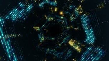 Parlayan ve yanıp sönen parçacıklardan dijital teknolojik tünele uçmanın animasyonu. Kusursuz döngünün animasyonu.