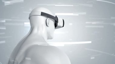 Vr Kulaklıklı, parçacıklar ve verilerle soyut uzayda insan animasyonu. Sanal gerçeklik ve teknoloji endüstrisi. Kusursuz döngünün animasyonu.
