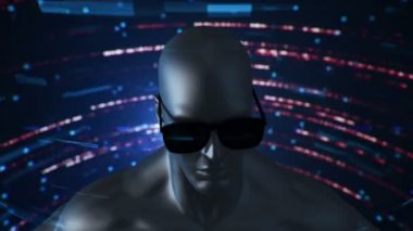 VR gözlüklü insan animasyonu soyut uzayda parçacıklar ve verilerle. Sanal gerçeklik ve teknoloji endüstrisi. Kusursuz döngünün animasyonu.