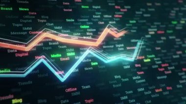 Büyüyen grafiklerin canlandırılmasıyla soyut bir arkaplan ve yüzde sembolleri olan sayılar akışı. Finansal rakamlar ve grafikler artan kâr gösteriyor. Kusursuz döngünün animasyonu.