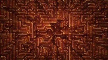 Devre elektrik sinyal parçacıkları ve turuncu ışık çizgilerinin animasyonuyla soyut teknoloji arka planı. Kusursuz döngünün animasyonu.  