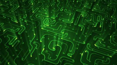 Devre elektrik sinyal parçacıkları ve yeşil ışık çizgilerinin animasyonuyla soyut teknoloji arka planı. Kusursuz döngünün animasyonu.  