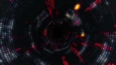 Parlayan ve yanıp sönen parçacıklardan dijital teknolojik tünele uçmanın animasyonu. Kusursuz döngünün animasyonu.