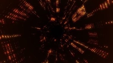 Parlayan ve yanıp sönen parçacıklardan dijital teknolojik tünele uçmanın animasyonu. Kusursuz döngünün animasyonu.