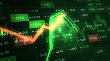 Büyüyen grafiklerin canlandırılmasıyla soyut bir arkaplan ve yüzde sembolleri olan sayılar akışı. Finansal rakamlar ve grafikler artan kâr gösteriyor. Kusursuz döngünün animasyonu.
