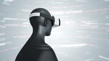 Vr Kulaklıklı, parçacıklar ve verilerle soyut uzayda insan animasyonu. Sanal gerçeklik ve teknoloji endüstrisi. Kusursuz döngünün animasyonu.