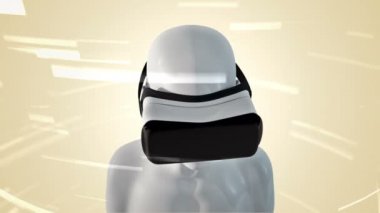 Vr Kulaklıklı, parçacıklar ve verilerle soyut uzayda insan animasyonu. Sanal gerçeklik ve teknoloji endüstrisi. Kusursuz döngünün animasyonu.