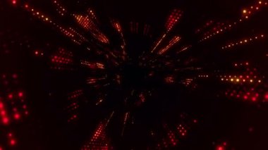 Parlayan ve yanıp sönen parçacıklardan dijital teknolojik tünele uçmanın animasyonu. Kusursuz döngünün animasyonu.