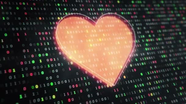 Технологічний Фон Значком Серця Тлі Висячих Символів Двійкового Коду Цифр — стокове відео