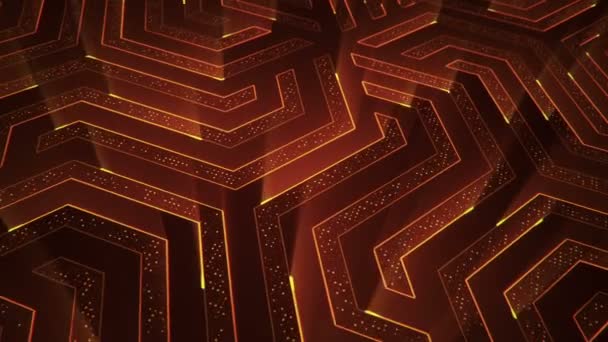 Fond technologique abstrait avec animation de particules de signaux électriques de circuits et de bandes lumineuses orange. Animation de boucle transparente .  