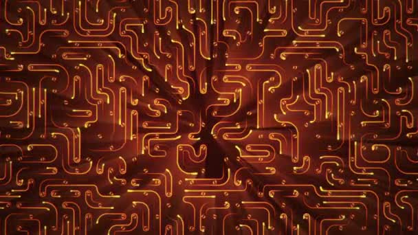 Fond technologique abstrait avec animation de particules de signaux électriques de circuits et de bandes lumineuses orange. Animation de boucle transparente .  