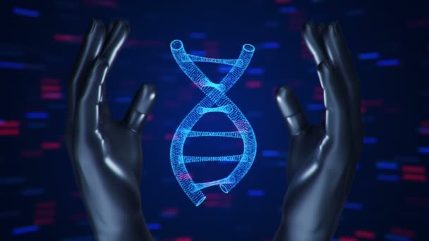 Fond abstrait avec animation de rotation ADN hélice dans les mains abstraites de l'homme. Animation de boucle transparente .