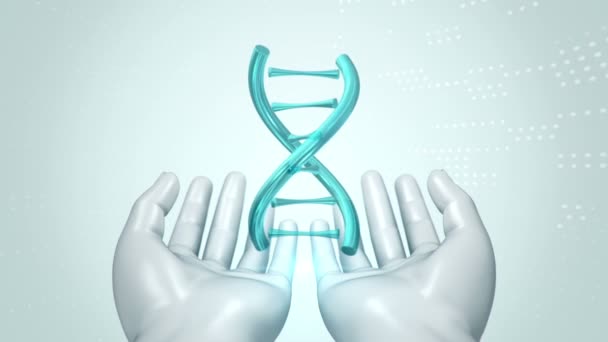 Fond abstrait avec animation de rotation ADN hélice dans les mains abstraites de l'homme. Animation de boucle transparente .