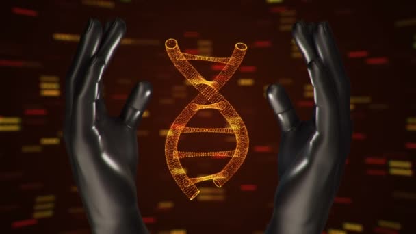 Fond abstrait avec animation de rotation ADN hélice dans les mains abstraites de l'homme. Animation de boucle transparente .