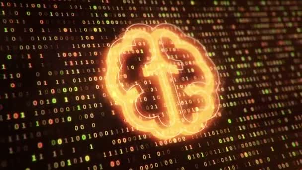 Technológiai Háttér Agyi Ikonnal Számjegyű Bináris Kód Lógó Szimbólumainak Hátterében — Stock videók