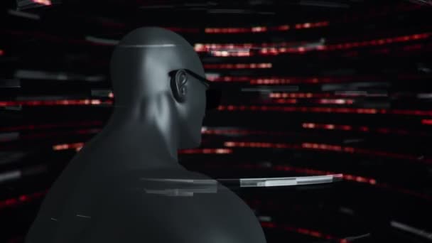 Animation de l'humain avec des lunettes VR à l'espace abstrait avec des particules et des données. Réalité virtuelle et industrie technologique. Animation de boucle transparente .