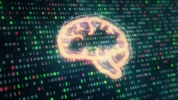Технологический Фон Иконкой Мозга Фоне Висячих Символов Двоичного Кода Цифр — стоковое видео