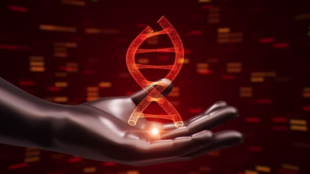 Fond abstrait avec animation de rotation ADN hélice dans les mains abstraites de l'homme. Animation de boucle transparente .