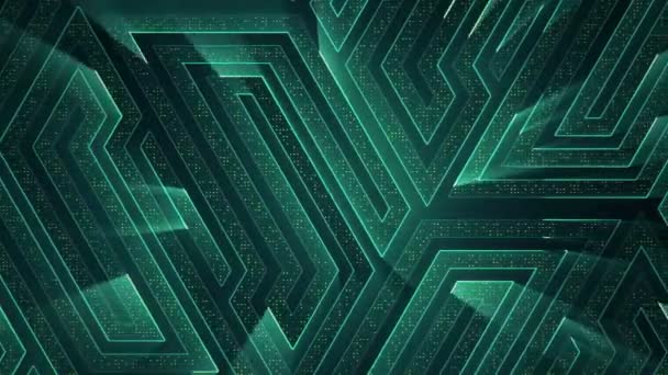 Fond technologique abstrait avec animation de particules de signaux électriques de circuits et bandes lumineuses turquoise. Animation de boucle transparente .