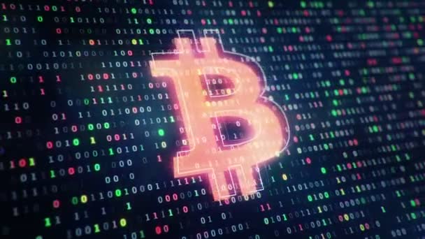 Fondo Tecnológico Con Icono Bitcoin Fondo Símbolos Colgantes Código Binario — Vídeo de stock