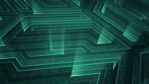 Fond technologique abstrait avec animation de particules de signaux électriques de circuits et bandes lumineuses turquoise. Animation de boucle transparente .