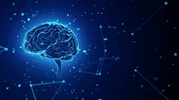 Animation Des Rotationsblauen Menschlichen Gehirns Mit Herumfliegenden Daten Auf Grauem — Stockvideo