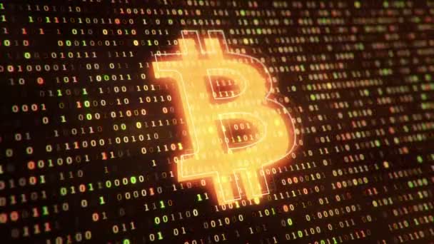 Fondo Tecnológico Con Icono Bitcoin Fondo Símbolos Colgantes Código Binario — Vídeo de stock