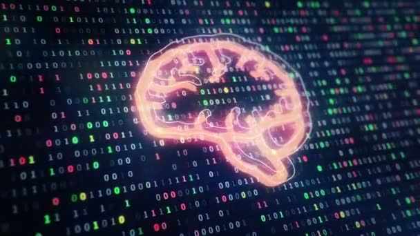 Технологический Фон Иконкой Мозга Фоне Висячих Символов Двоичного Кода Цифр — стоковое видео