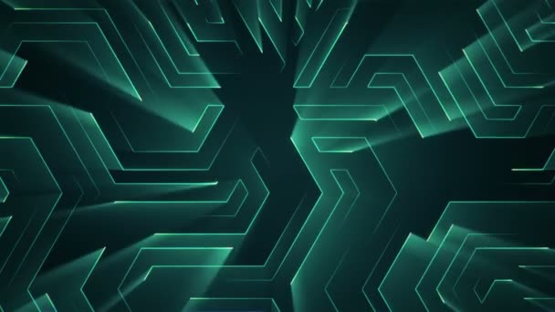 Fond technologique abstrait avec animation de particules de signaux électriques de circuits et bandes lumineuses turquoise. Animation de boucle transparente .