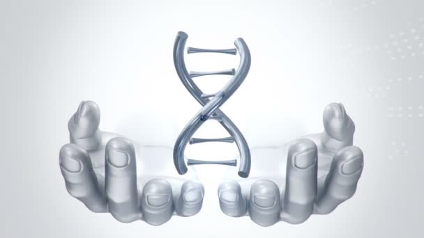 Fond abstrait avec animation de rotation ADN hélice dans les mains abstraites de l'homme. Animation de boucle transparente .