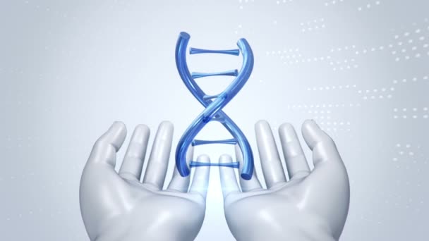 Fond abstrait avec animation de rotation ADN hélice dans les mains abstraites de l'homme. Animation de boucle transparente .