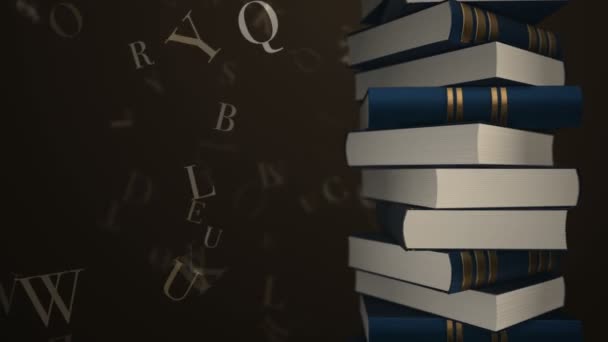 Анімація Обертання Стопки Старих Книг Бібліотеці Або Будинку Літаючими Літерами — стокове відео