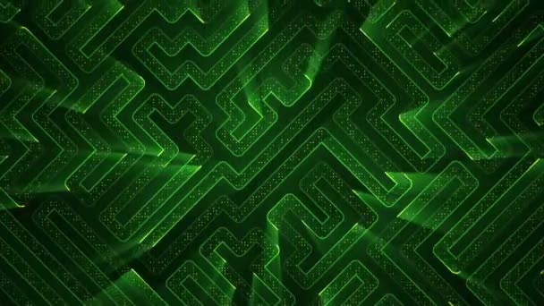 Fond technologique abstrait avec animation de particules de signaux électriques de circuits et de bandes lumineuses vertes. Animation de boucle transparente .  