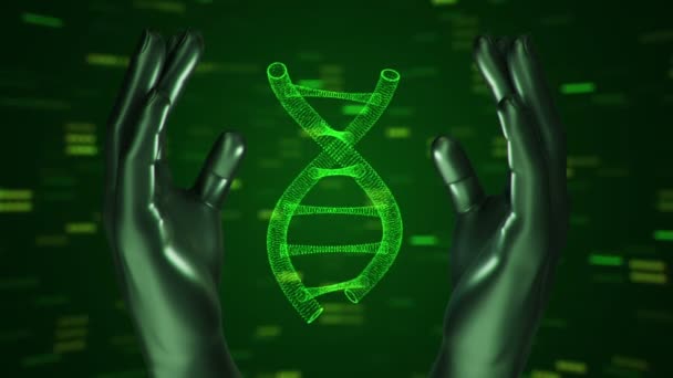 Fond abstrait avec animation de rotation ADN hélice dans les mains abstraites de l'homme. Animation de boucle transparente .