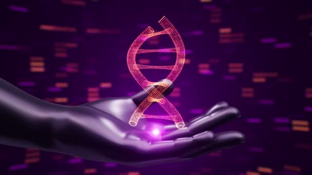 Fond abstrait avec animation de rotation ADN hélice dans les mains abstraites de l'homme. Animation de boucle transparente .