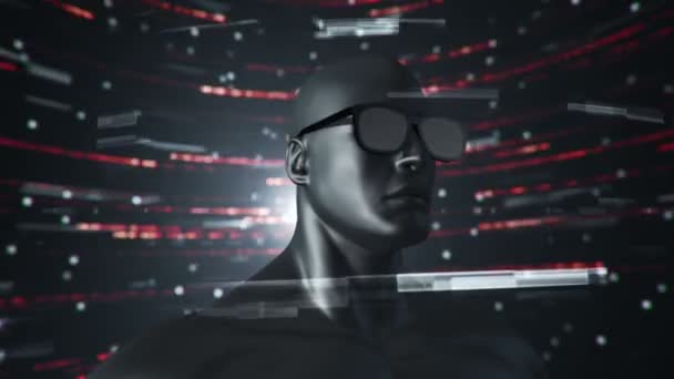 Animation de l'humain avec des lunettes VR à l'espace abstrait avec des particules et des données. Réalité virtuelle et industrie technologique. Animation de boucle transparente .