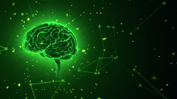 Animación Rotación Del Cerebro Humano Verde Con Datos Voladores Sobre — Vídeos de Stock