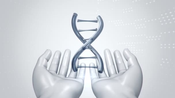 Fond abstrait avec animation de rotation ADN hélice dans les mains abstraites de l'homme. Animation de boucle transparente .