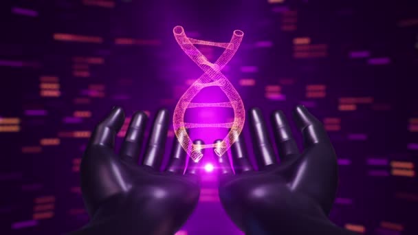 Fond abstrait avec animation de rotation ADN hélice dans les mains abstraites de l'homme. Animation de boucle transparente .