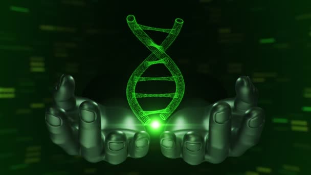 Fond abstrait avec animation de rotation ADN hélice dans les mains abstraites de l'homme. Animation de boucle transparente .