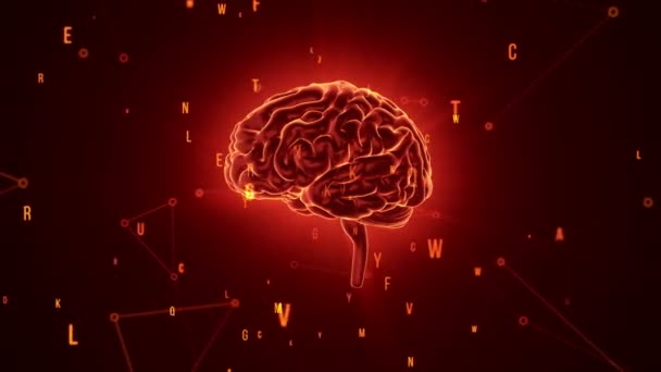 Animación Rotación Del Cerebro Humano Rojo Con Datos Voladores Sobre — Vídeo de stock