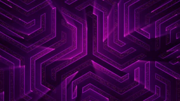 Fond technologique abstrait avec animation de particules de signaux électriques de circuits et de bandes lumineuses violettes. Animation de boucle transparente . 