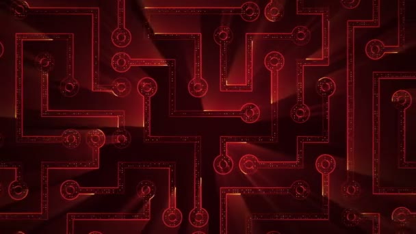 Fond technologique abstrait avec animation des particules du signal électrique du circuit et des rayures de lumière rouge. Animation de boucle transparente .  