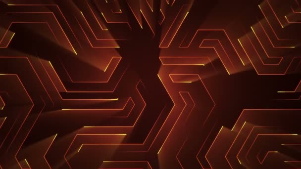 Fond technologique abstrait avec animation de particules de signaux électriques de circuits et de bandes lumineuses orange. Animation de boucle transparente .  